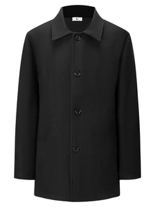 Men's wool coat in black with thick fabric, notched lapels and single-breasted design