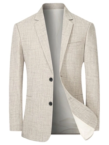 Men's casual oatmeal blazer with notch lapel and linen texture on a plain background