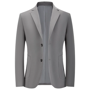 Men's light grey casual business blazer with notched lapels and single-breasted two-button design