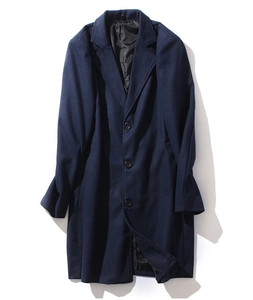 Detailed top view of navy blue wool coat featuring classic notch lapels and single-breasted buttons