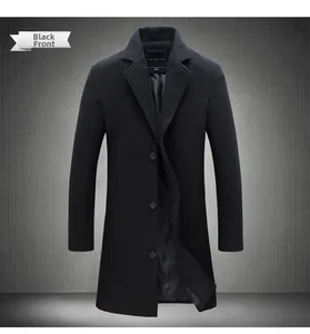 Detailed close-up of a men's black single-breasted wool trench coat with notch lapels