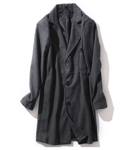 Detail of dark grey wool overcoat featuring classic notch lapels and three resin buttons