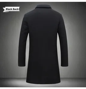 Rear view of a black men's long wool coat featuring a slim fit cut and mid-length style