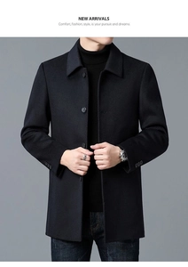 Detail of classic black wool coat lapel, single-breasted buttons, and premium fabric texture