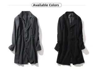 Detail view of British style wool blend overcoat with notched lapels and three buttons