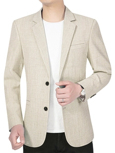 Men's casual linen-textured blazer in oatmeal beige with lapels and two-button closure