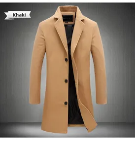 Detail view of khaki wool coat with notch lapel, button closure and smooth fabric texture