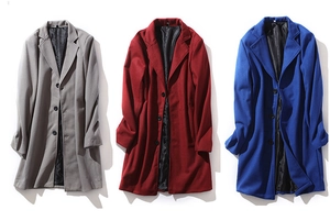 Detailed close-up showing three wool coat colors with classic notched lapels and button texture