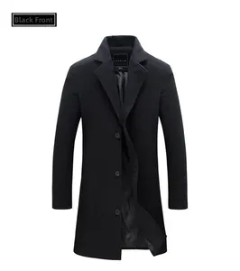 Detailed view of the smooth dark grey inner lining and brand label on a black wool coat
