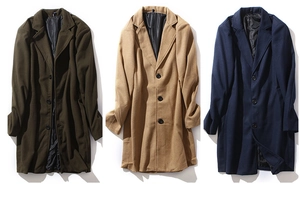 Three men's wool blend overcoats in olive, khaki, and navy blue with button details