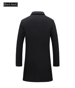 Detailed back view of a men's long single-breasted black wool coat in casual style