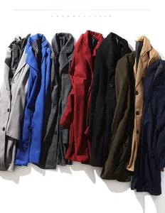 Flat lay display of men's wool blend overcoats in eight different colors for winter