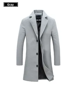 Detailed close-up of gray wool blend coat collar with stylish three-button closure design