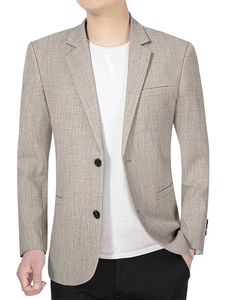 Men's casual linen texture blazer with notched lapel and two-button closure in beige