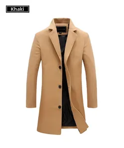 Close-up of khaki wool blend coat collar with buttons and fashion label details