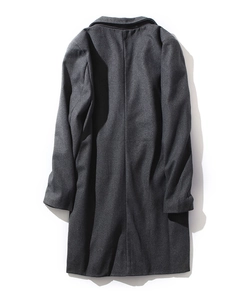 Detailed back view of a men's charcoal grey wool blend overcoat with a center seam