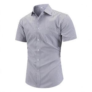 Men's summer business casual short sleeve shirt with grey and white fine stripes