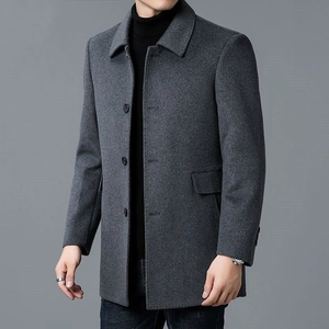 Men's wool blend overcoat in dark grey with a classic lapel and single-breasted design