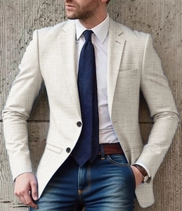 Herren Sakko in hellem Beige mit Leinentextur und einreihigem Zwei-Knopf-Design
