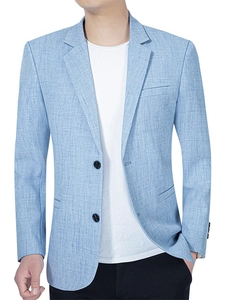 Men's casual light blue linen-textured blazer with notched lapels and two-button closure