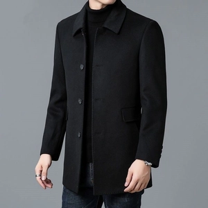 Men's classic black mid-length wool coat with a notched lapel and business casual style