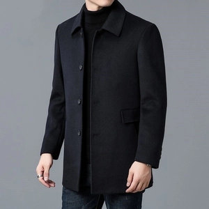 Men's black long woolen overcoat with notch lapels and classic single-breasted design