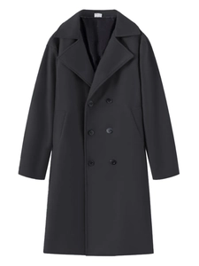 Classic black double-breasted wool trench coat for men with a formal notch lapel design