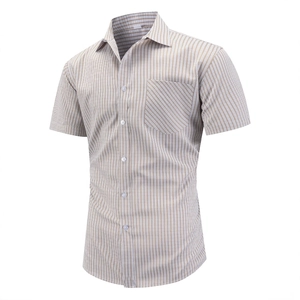 Men's short sleeve plaid business casual shirt with button-down collar and chest pocket