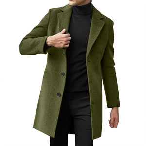 Men's slim fit mid-length olive green wool coat with notched lapel and single breasted design