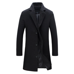 Men's Classic Wool Blend Mid-Length Trench Coat Business Casual Single Breasted Lapel Overcoat Solid Color Winter Outerwear