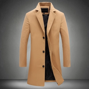 Men's classic camel mid-length wool trench coat with notch lapel and 3-button closure