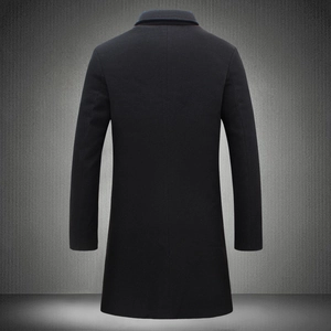 Men's mid-length black wool blend overcoat with minimalist back view and straight cut design