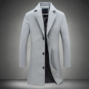 Men's light grey mid-length wool coat with a classic lapel and single-breasted three-button