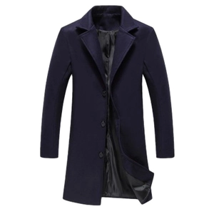 Men's single-breasted mid-length navy wool coat with notched lapels in business casual style