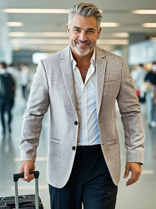 Classic men's casual blazer in oatmeal grey with textured fabric and two-button closure
