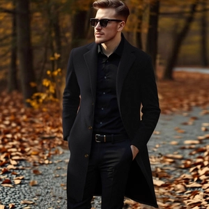 Men's black mid-length wool coat with notch lapel and single-breasted design