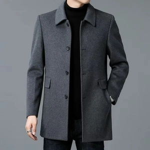 Classic grey mid-length wool coat for men with a three-button lapel design and flap pockets