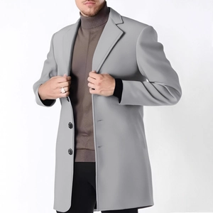 Classic grey mid-length wool coat for men featuring a notch lapel and a three-button closure