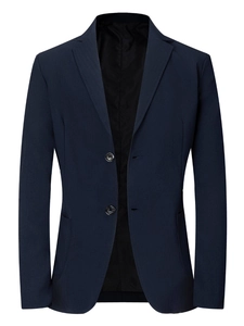 Detailed view of the dark blue single-breasted blazer with classic notch lapels