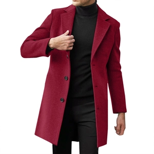 Burgundy mid-length wool coat for men featuring a classic notch lapel and single-breasted buttons