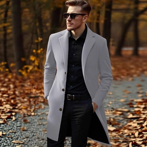Elegant men's long wool coat in light grey with notched lapels for autumn business fashion