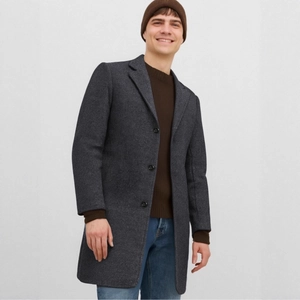 Elegant men's slim fit mid-length dark grey wool coat with notch lapel and three buttons