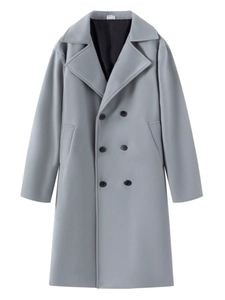 Classic light grey blue double-breasted wool trench coat with notched lapels and black buttons