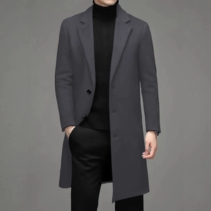 Men's dark grey mid-length wool coat with a classic lapel and single-breasted design