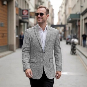 Men slim-fit casual grey textured blazer with classic notched lapel and two-button closure