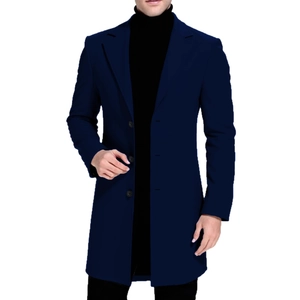 Classic slim fit dark blue mid-length trench coat with single-breasted three buttons