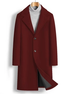 Men's burgundy mid-length wool blend coat with notch lapel and two-button closure