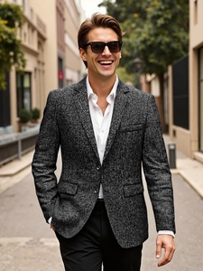 Slim fit men's textured casual suit jacket in dark grey with notched lapel and white shirt