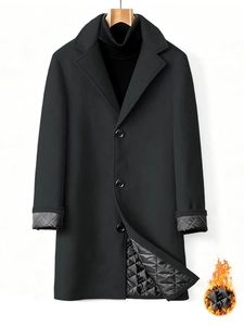 Detail of men's wool coat featuring a quilted thermal lining for extra winter warmth