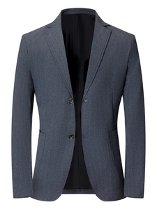Classic dark grey men's business casual blazer with two-button closure and padded shoulders
